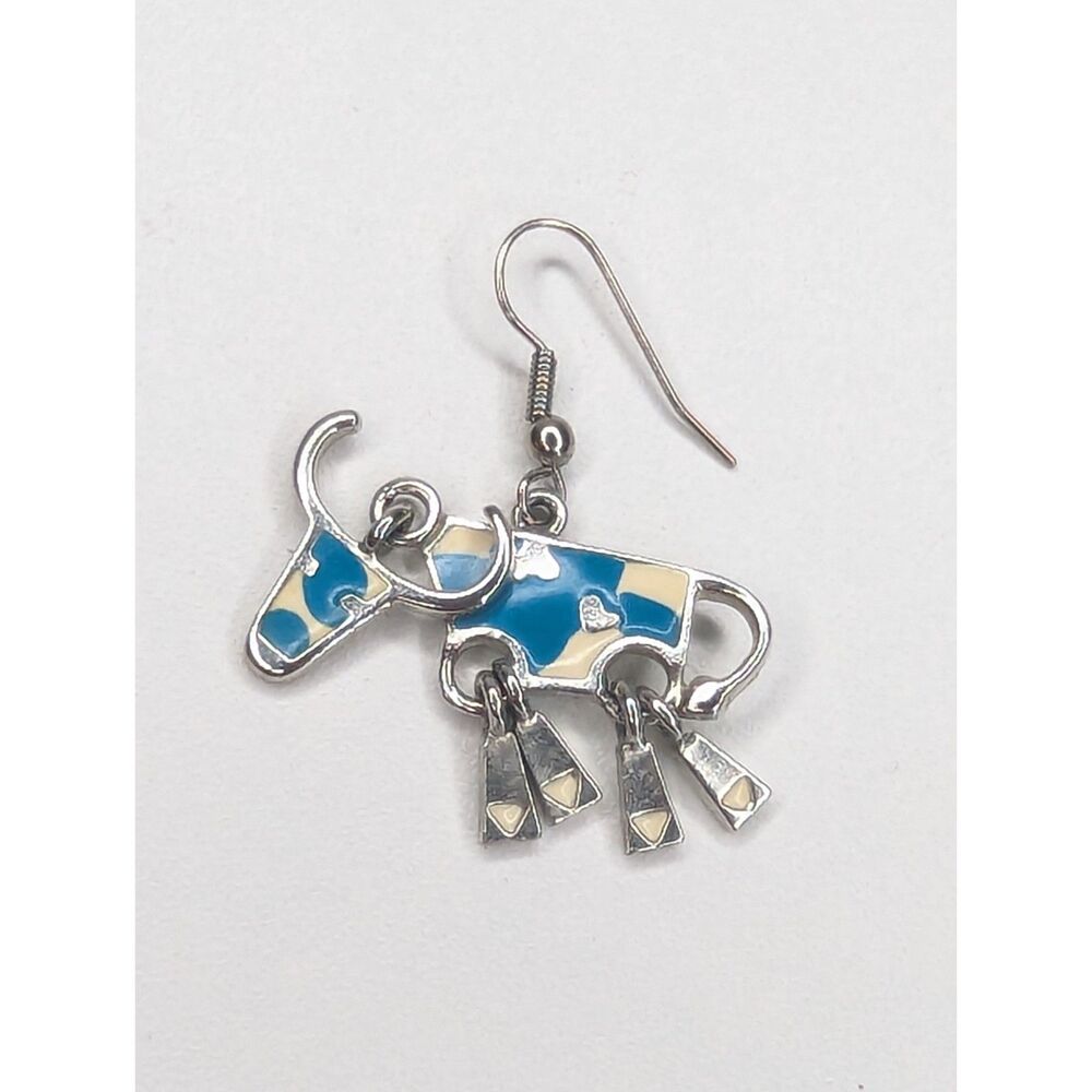 Vintage Signed E. Berebi Western Longhorn Dangle Earrings Silver Tone Teal Cream - Picture 2 of 6